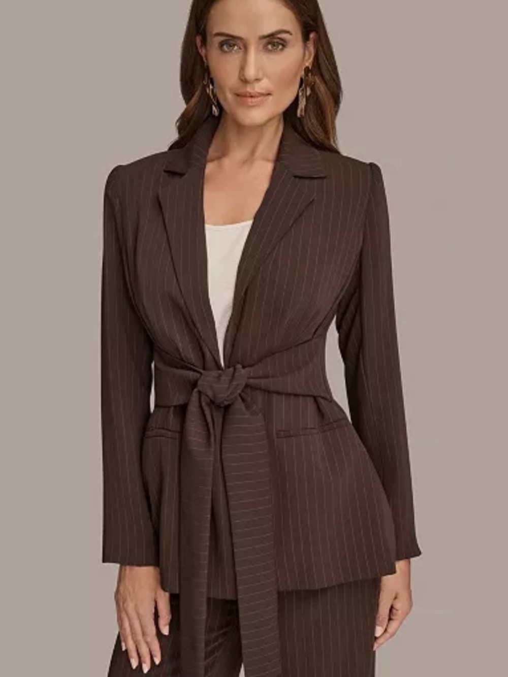 Donna Karan New York Women's Notch Lapel Collar Pinstripe Tie-Waist Jacke